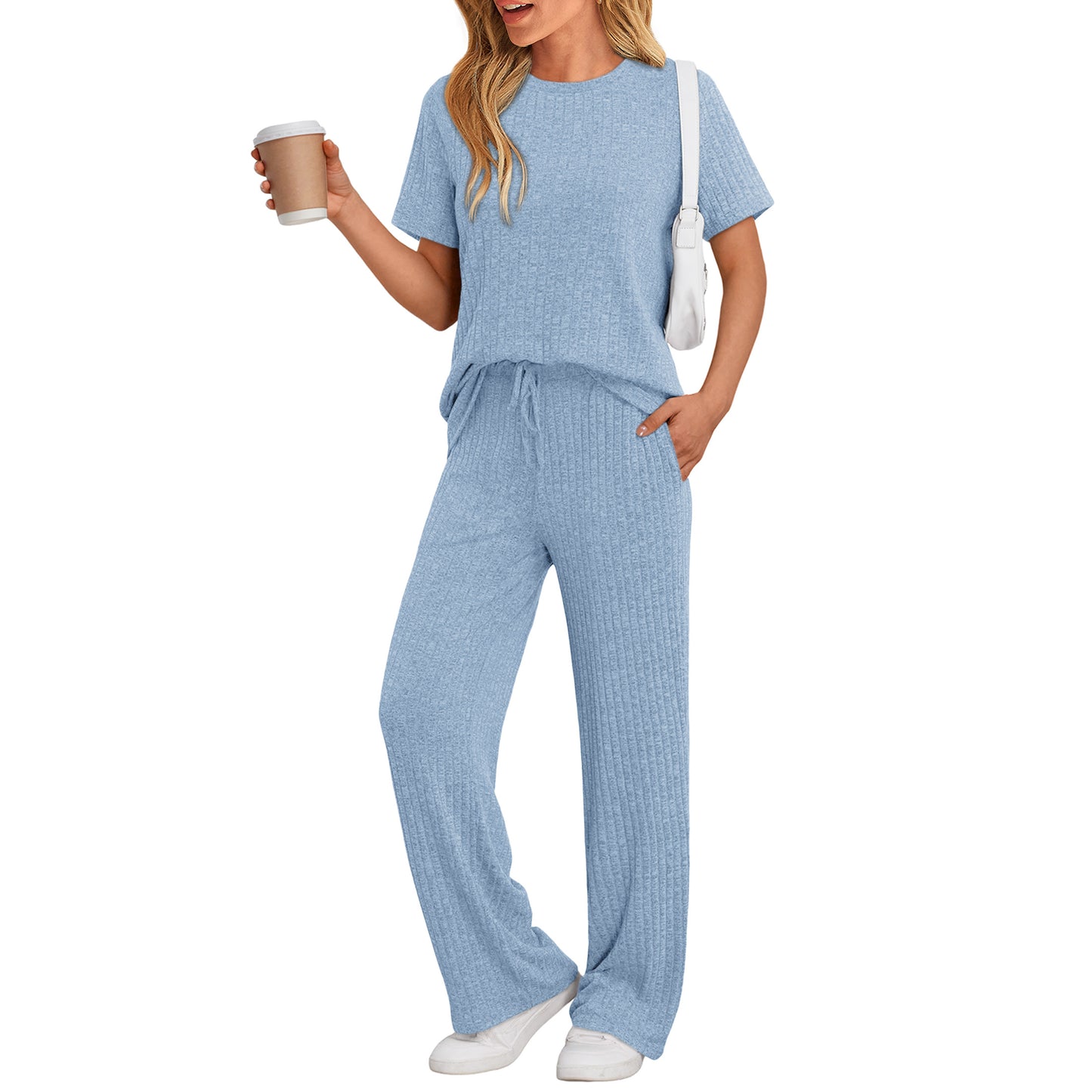 SUNBS Two Piece Lounge Sets for Women Matching Outfits Casual Ribbed Knit Pajamas Set Wide Leg Pants Trendy Clothes 2025