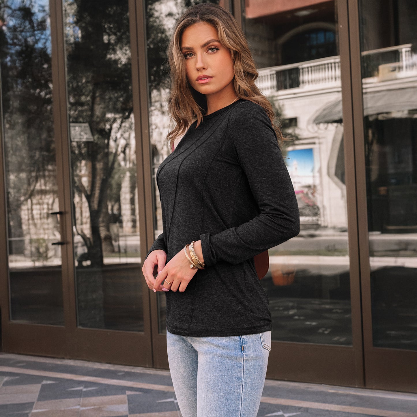 SUNBS Long Sleeve Shirts for Women Pleated Crew Neck Casual Fall Fashion Tops Loose Fit Clothes, Sizes S-2XL