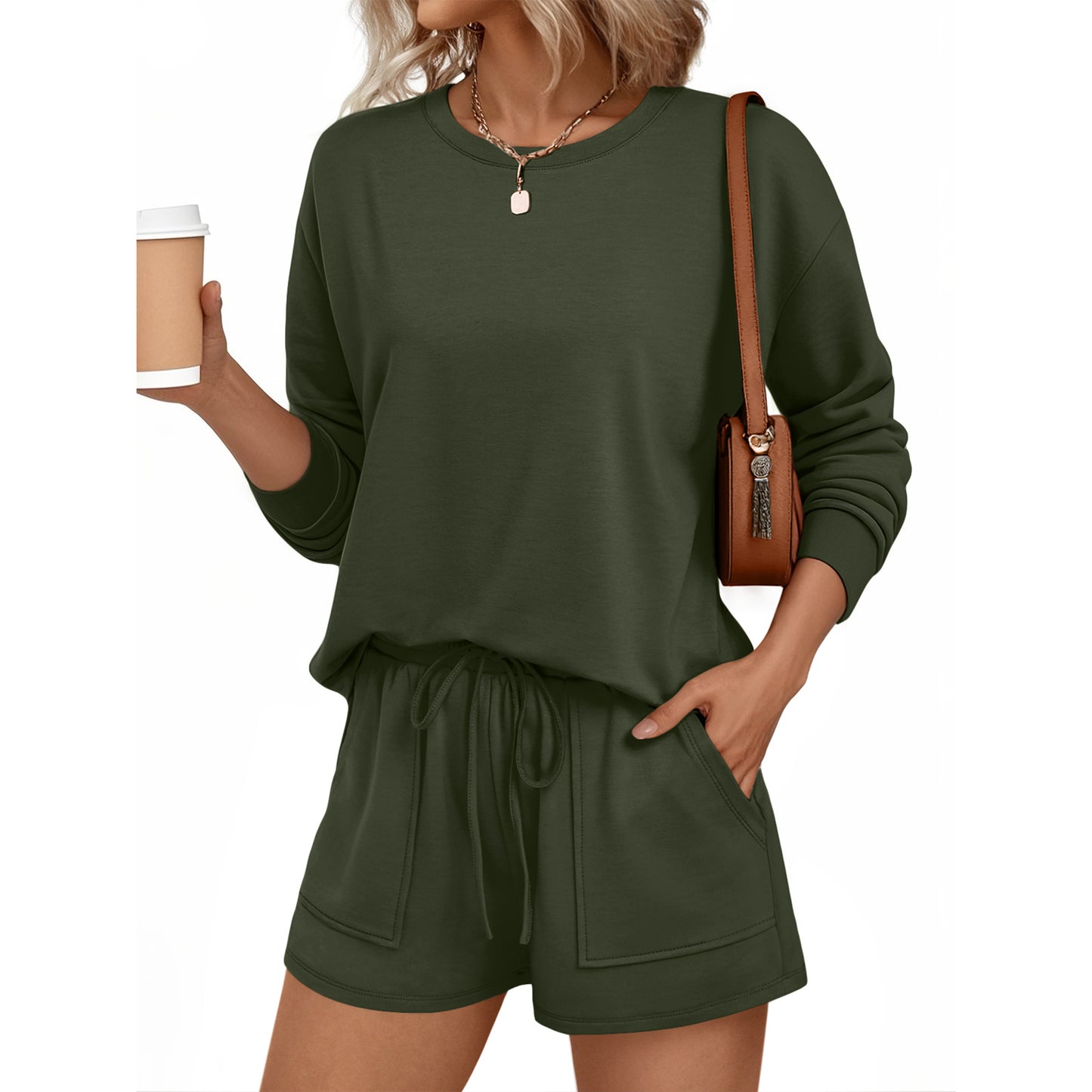 SUNBS Womens Crew Neck Two Piece Short Sets Long Sleeve Drawstring Summer Sweatsuit with Pocket