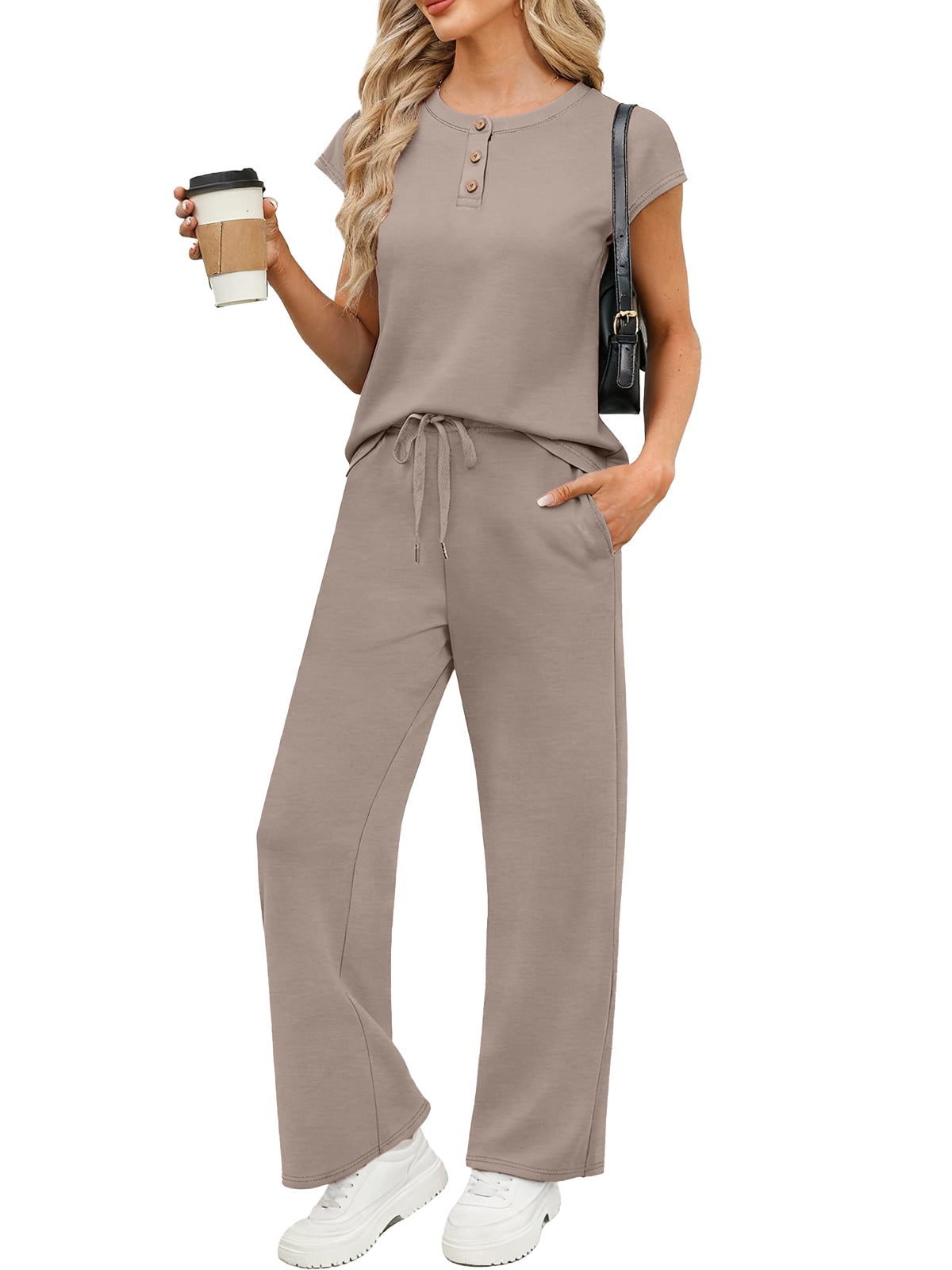 SUNBS 2 Piece Outfits Sets for Women Casual Cap Henley Sleeve Lounge Set Summer Travel Vacation