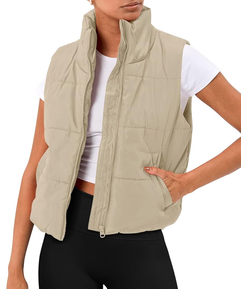 SUNBS Puffer Vest Women Sleeveless Winter Cropped Outerwear Warm Puffer Lightweight Stand-up Collar Down with Pockets