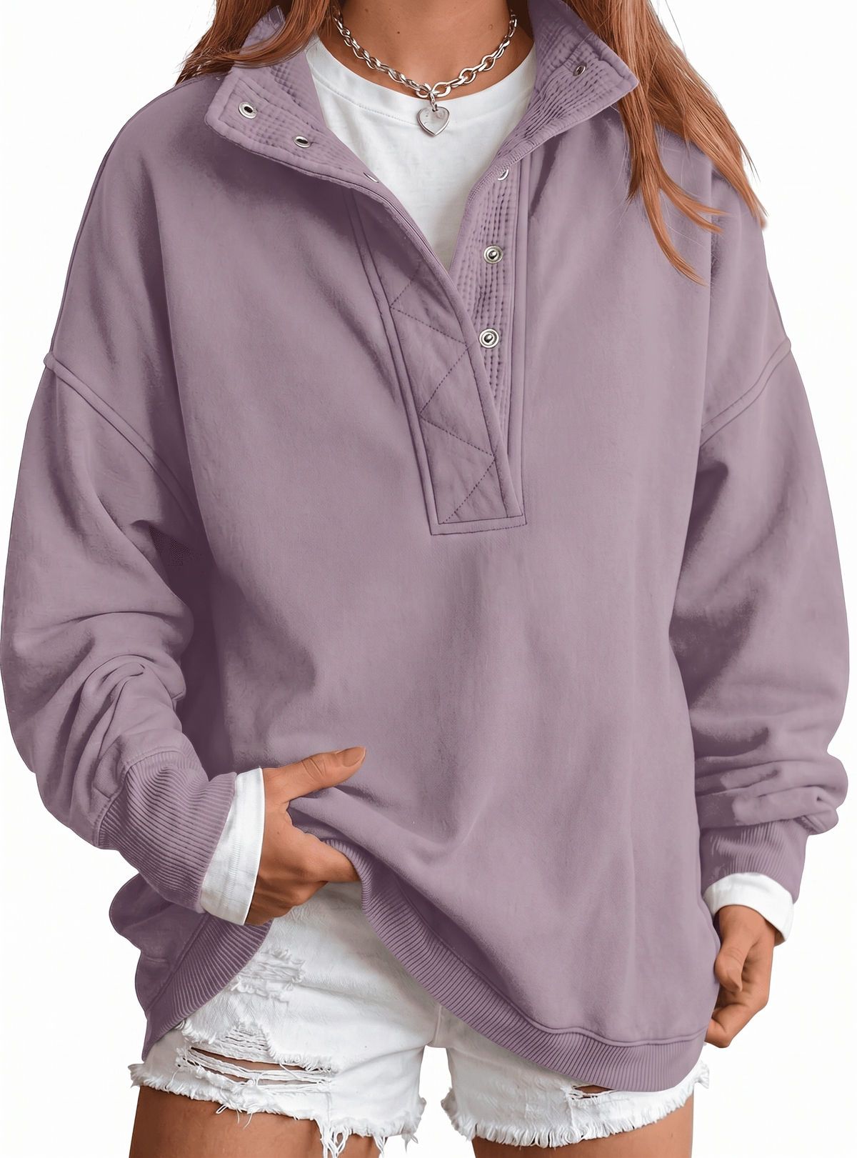 SUNBS Half Button Pullover Sweatshirt for Women Fall Oversized Casual Fleece Tops with Stand Collar