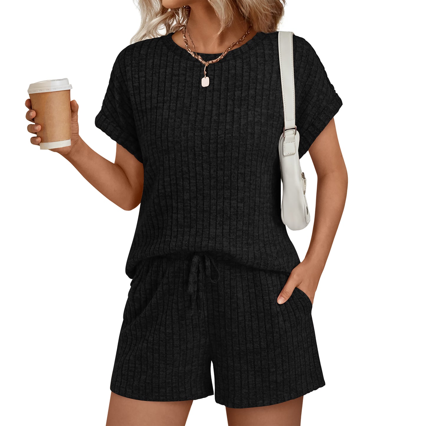 SUNBS Womens Crew Neck Two Piece short Sets Cap Sleeve Tunic Sweaters Drawstring Summer Sweatsuit with Pocket