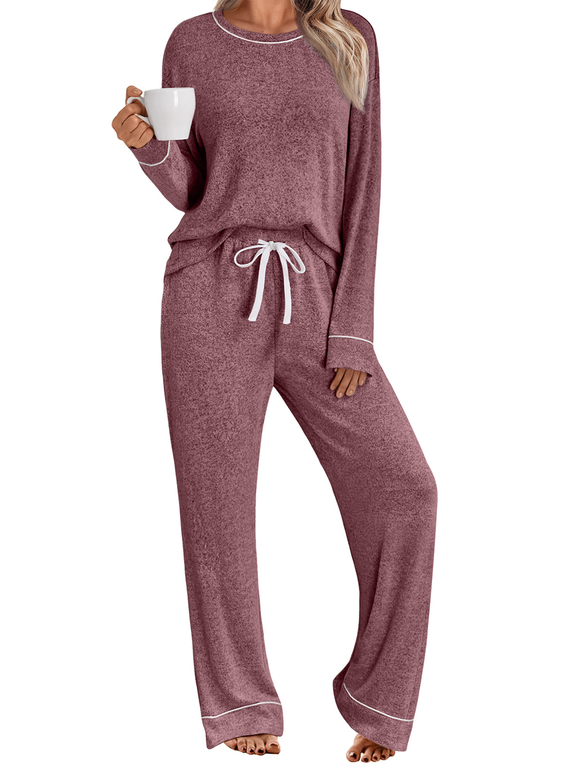 SUNBS Two Piece Lounge Sets Pajamas for Women Set Long Sleeve Shirts Matching Outfits Wide Leg Pants with Pockets Clothes 2025
