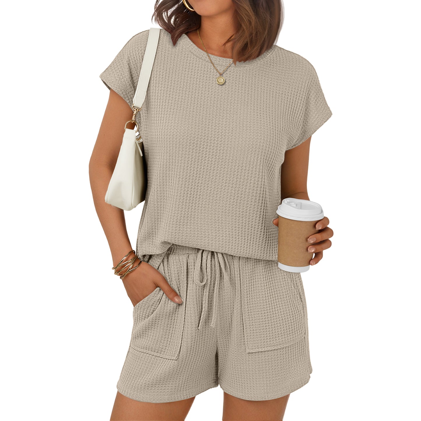 SUNBS Womens Crew Neck Two Piece short Sets Cap Waffle-Knit Sleeve Drawstring Summer Sweatsuit with Pocket
