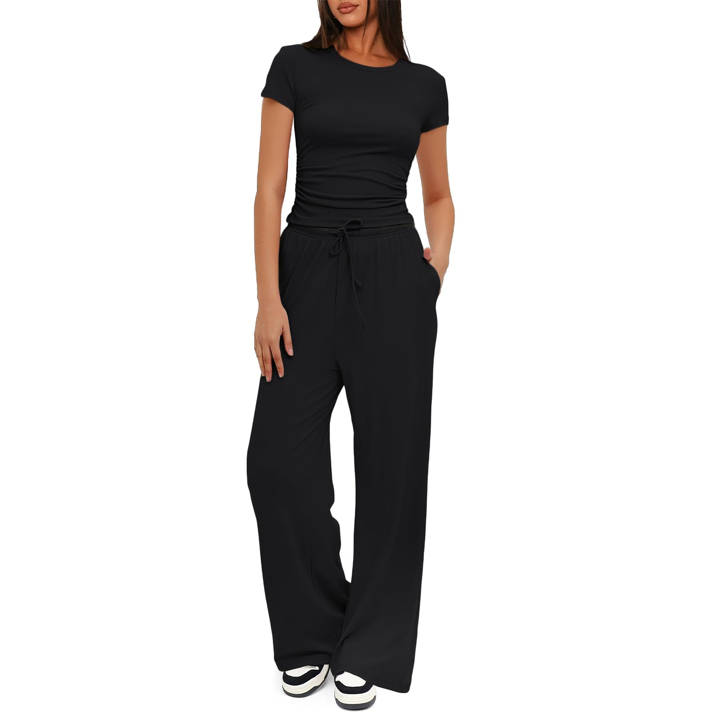 SUNBS 2 Piece Matching Summer Sweatsuit Lounge Set Womens Wide Leg Pants Side Ruching Crop Top Sets
