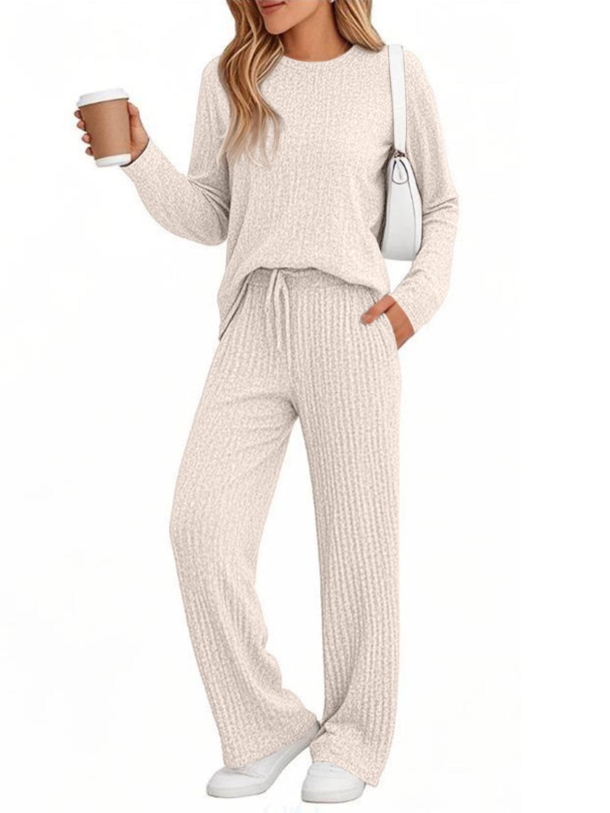 SUNBS Two Piece Lounge Sets for Women Pajamas Set Wide Leg Pants Ribbed Knit Winter Matching 2 Piece Outfits Trendy Clothes