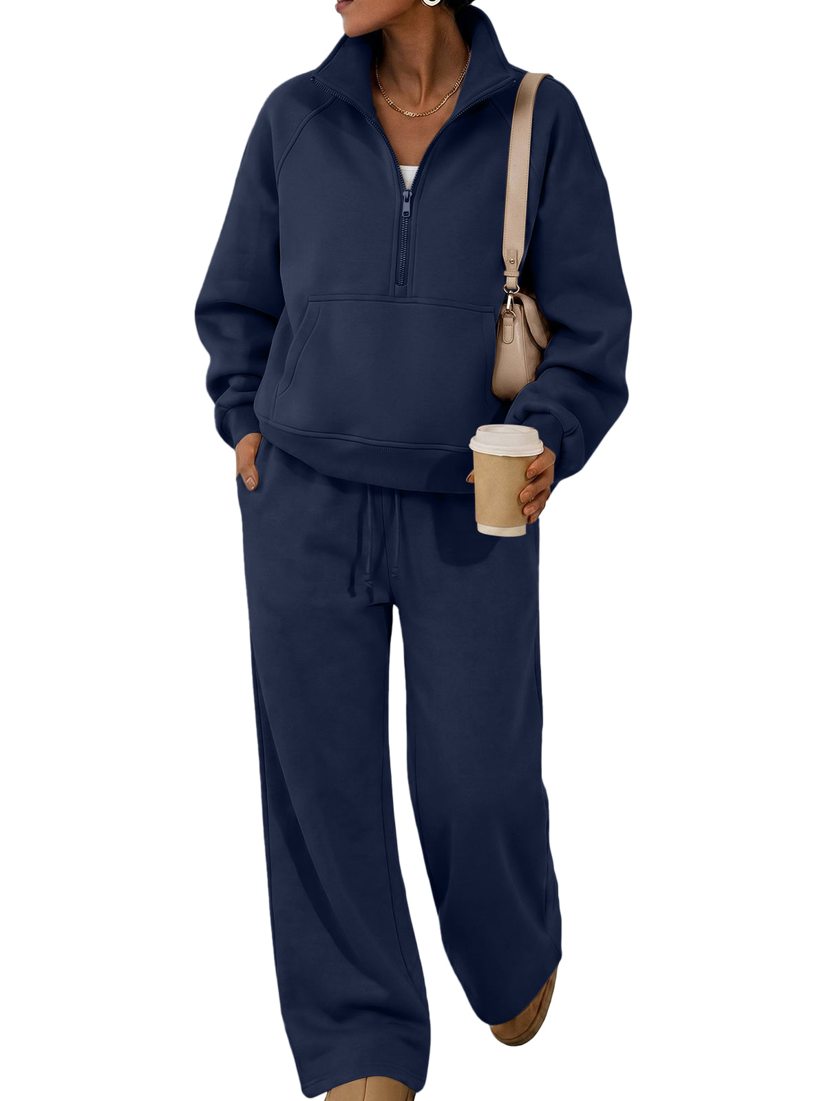 SUNBS 2 Piece Women's Sweatsuit Fall Oversized Half-Zip Sweatshirt and Wide Leg Pants Loungewear Set