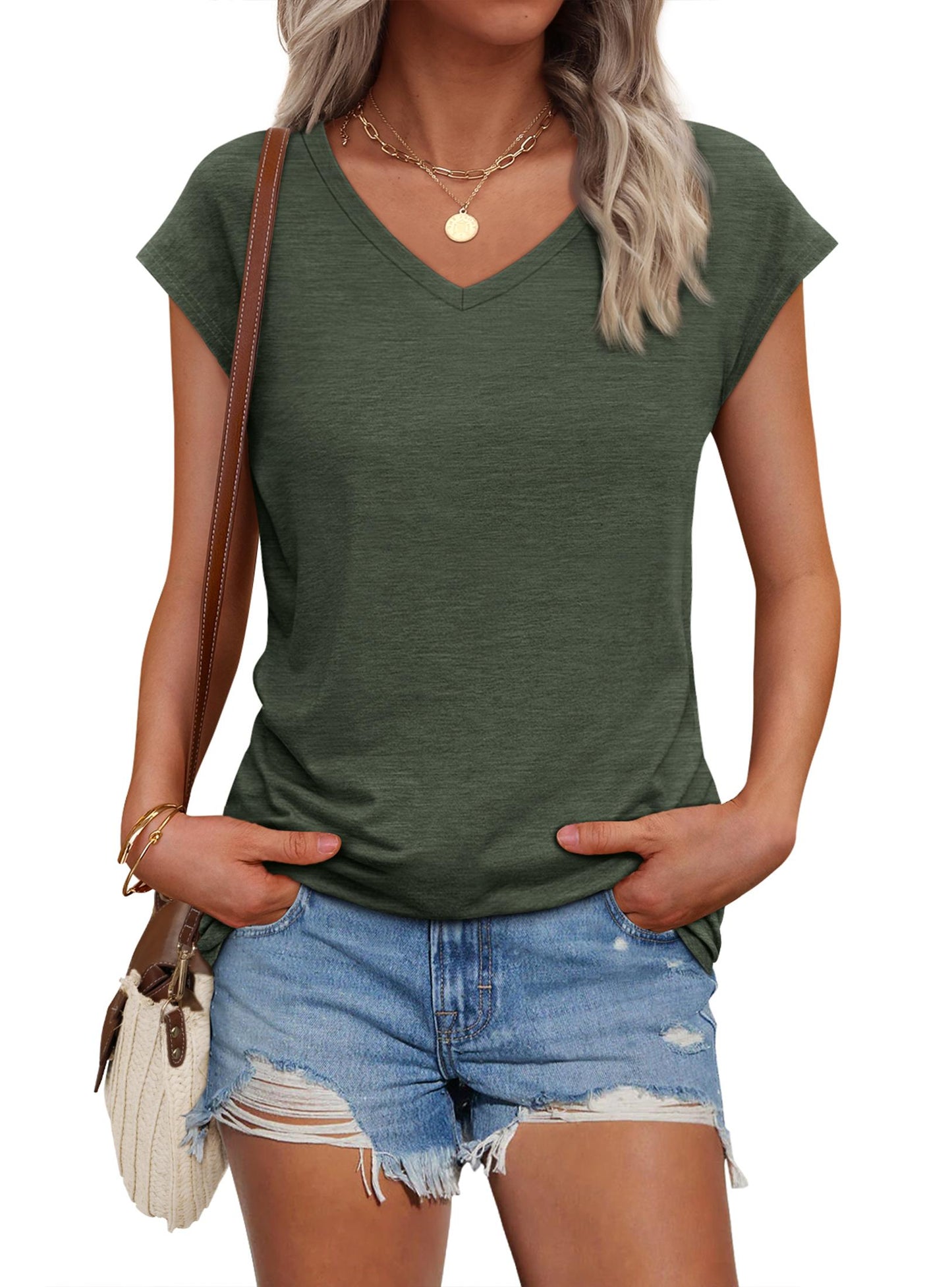 SUNBS Womens Casual V Neck Shirts Basic Plain T Shirts Cute Tops for Women Summer Clothes 2025