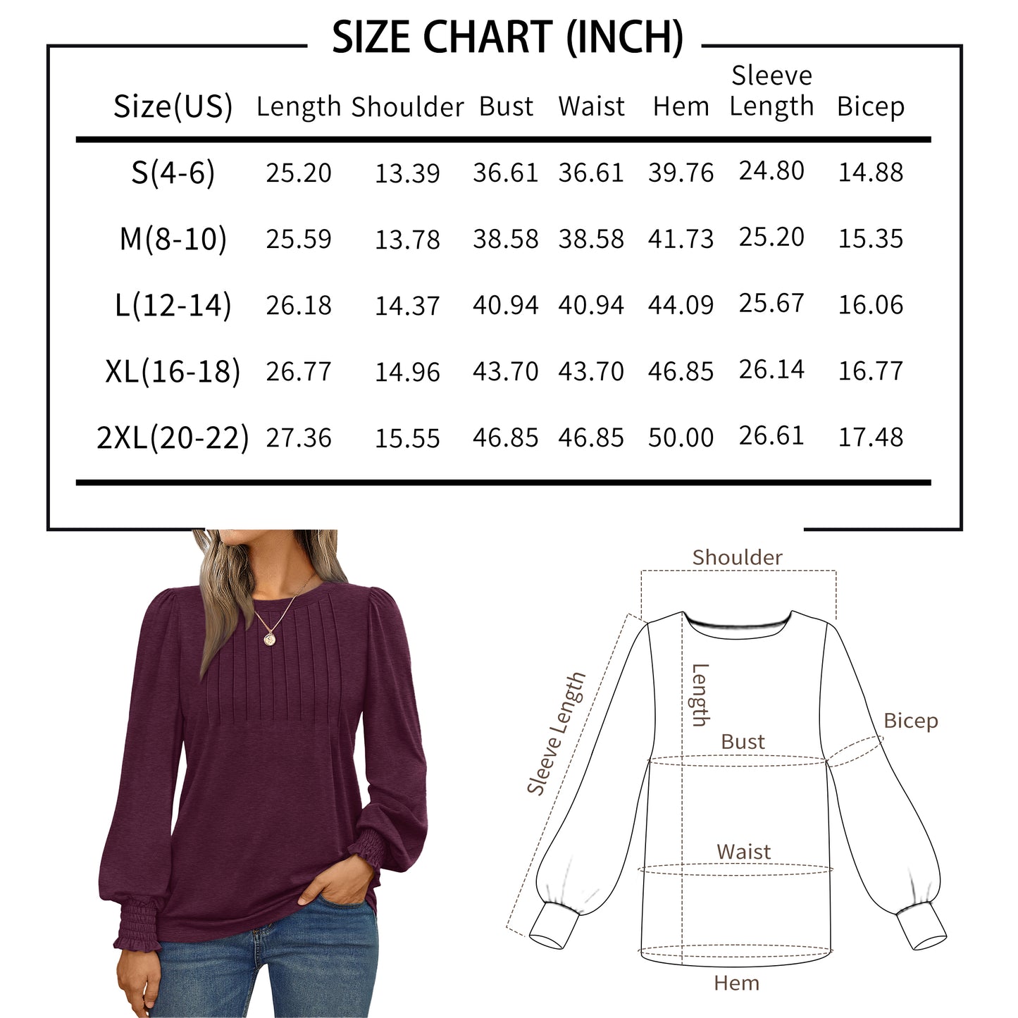 SUNBS Long Sleeve Shirts for Women Pleated Crewneck Fall Winter Casual Blouses, Sizes S-2XL