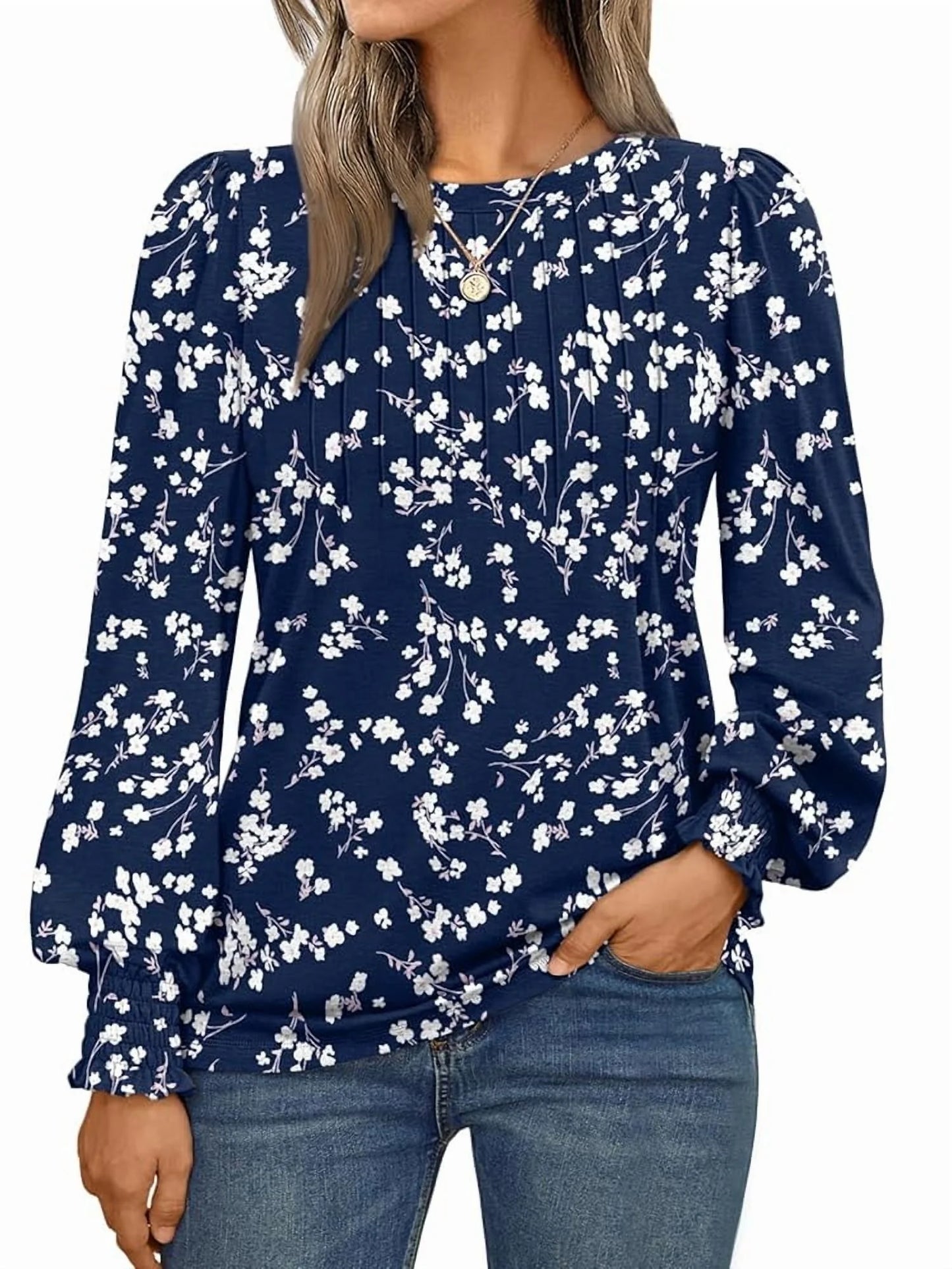 SUNBS Long Sleeve Shirts for Women Pleated Crewneck Fall Winter Casual Blouses, Sizes S-2XL