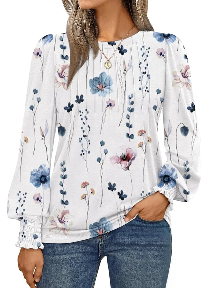 SUNBS Long Sleeve Shirts for Women Pleated Crewneck Fall Winter Casual Blouses, Sizes S-2XL