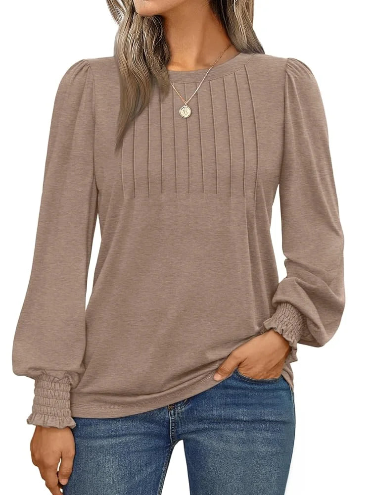 SUNBS Long Sleeve Shirts for Women Pleated Crewneck Fall Winter Casual Blouses, Sizes S-2XL