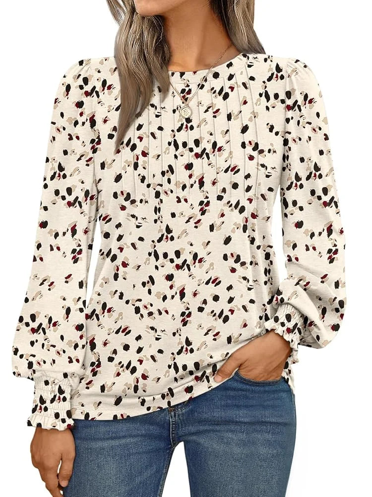 SUNBS Long Sleeve Shirts for Women Pleated Crewneck Fall Winter Casual Blouses, Sizes S-2XL