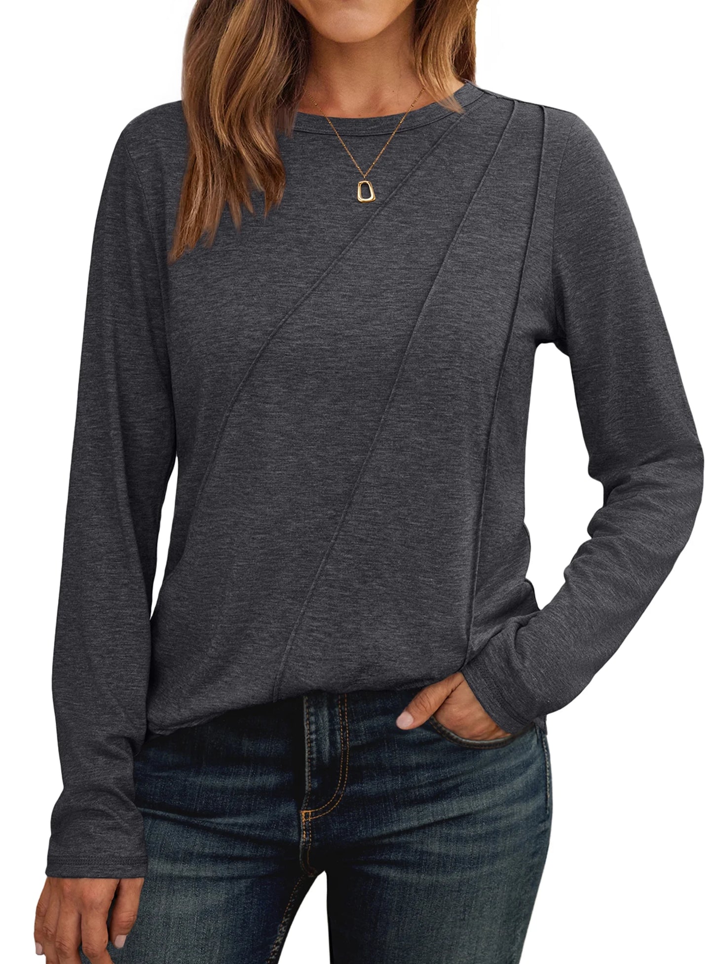 SUNBS Long Sleeve Shirts for Women Pleated Crew Neck Casual Fall Fashion Tops Loose Fit Clothes, Sizes S-2XL