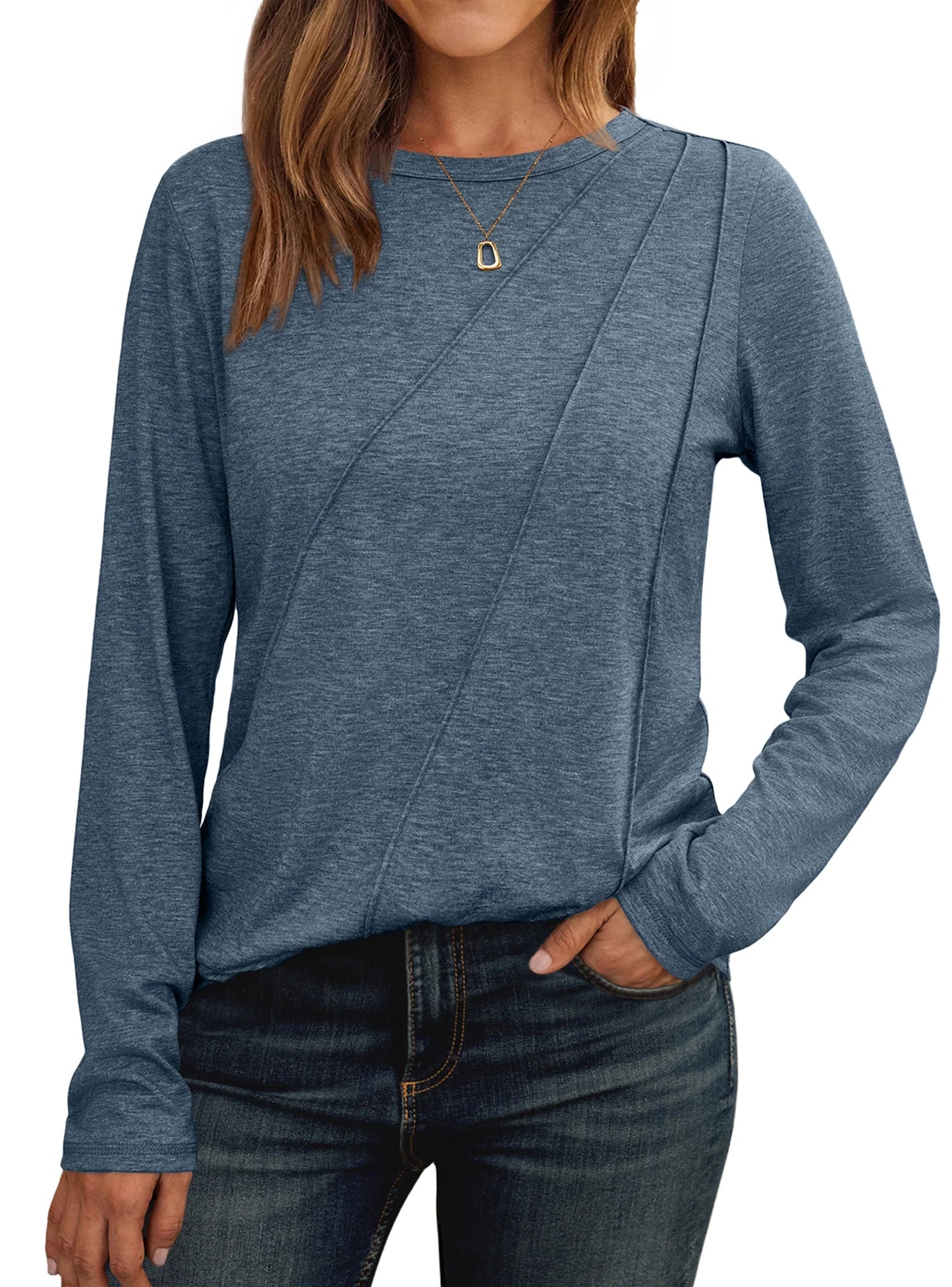 SUNBS Long Sleeve Shirts for Women Pleated Crew Neck Casual Fall Fashion Tops Loose Fit Clothes, Sizes S-2XL