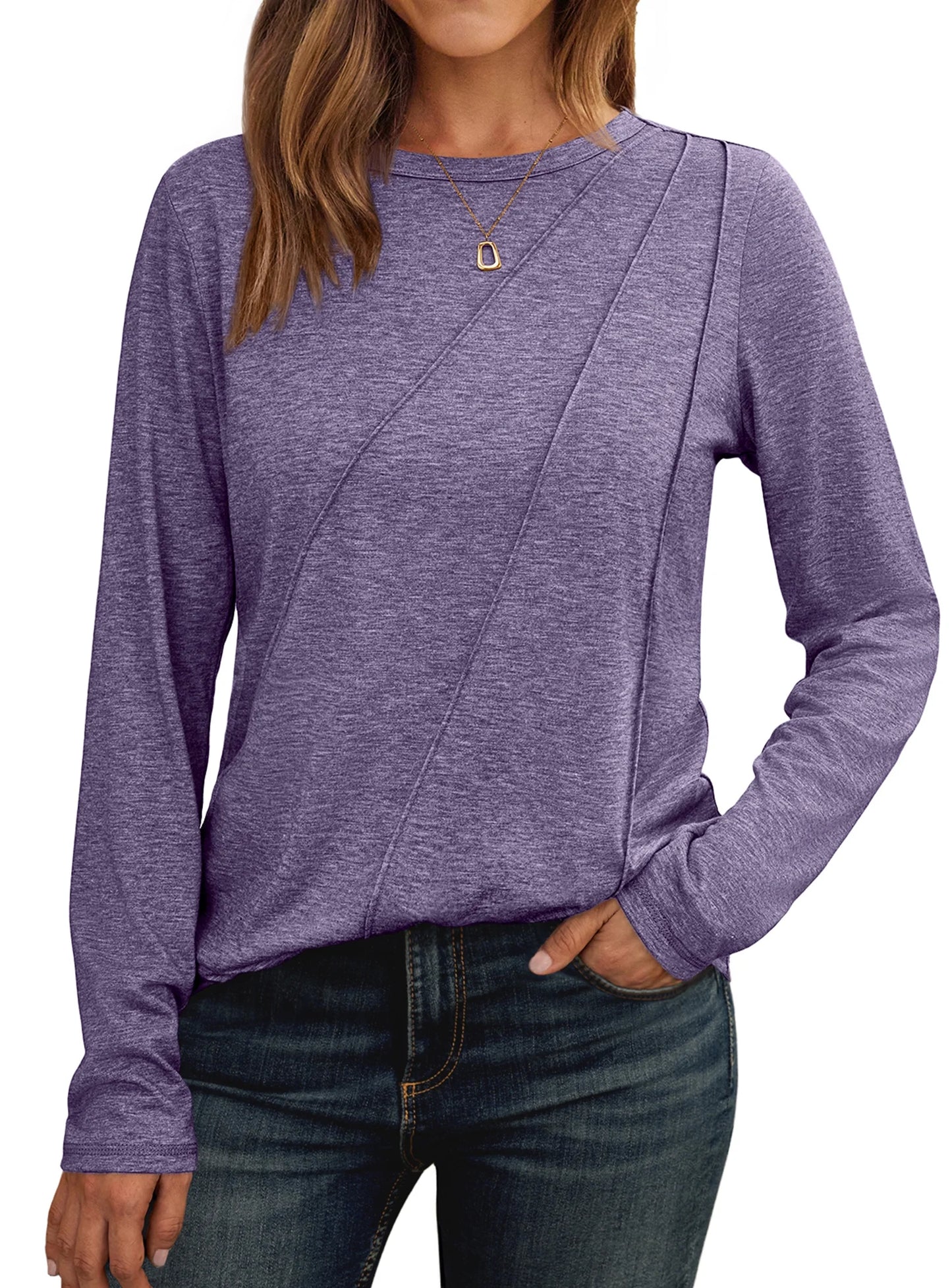 SUNBS Long Sleeve Shirts for Women Pleated Crew Neck Casual Fall Fashion Tops Loose Fit Clothes, Sizes S-2XL