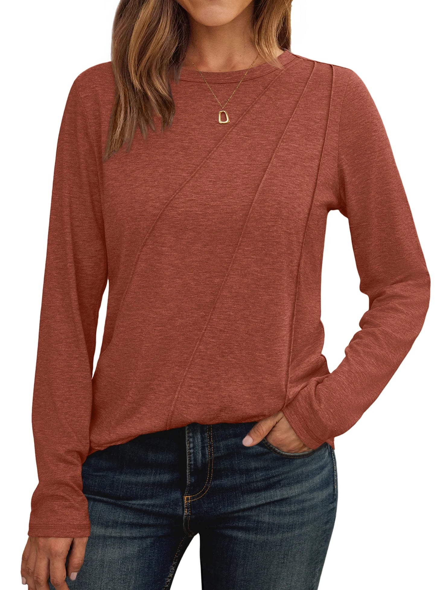 SUNBS Long Sleeve Shirts for Women Pleated Crew Neck Casual Fall Fashion Tops Loose Fit Clothes, Sizes S-2XL