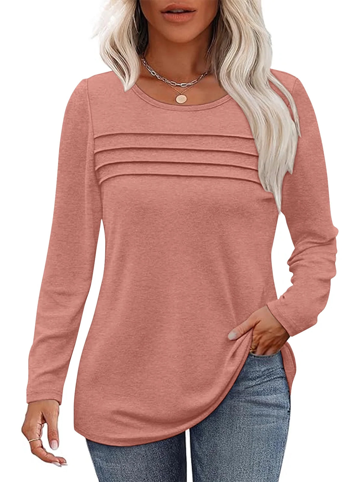 SUNBS Blouses for Women Long Sleeve Shirts Dressy Casual Crew Neck Fall Tops, Sizes S-2XL
