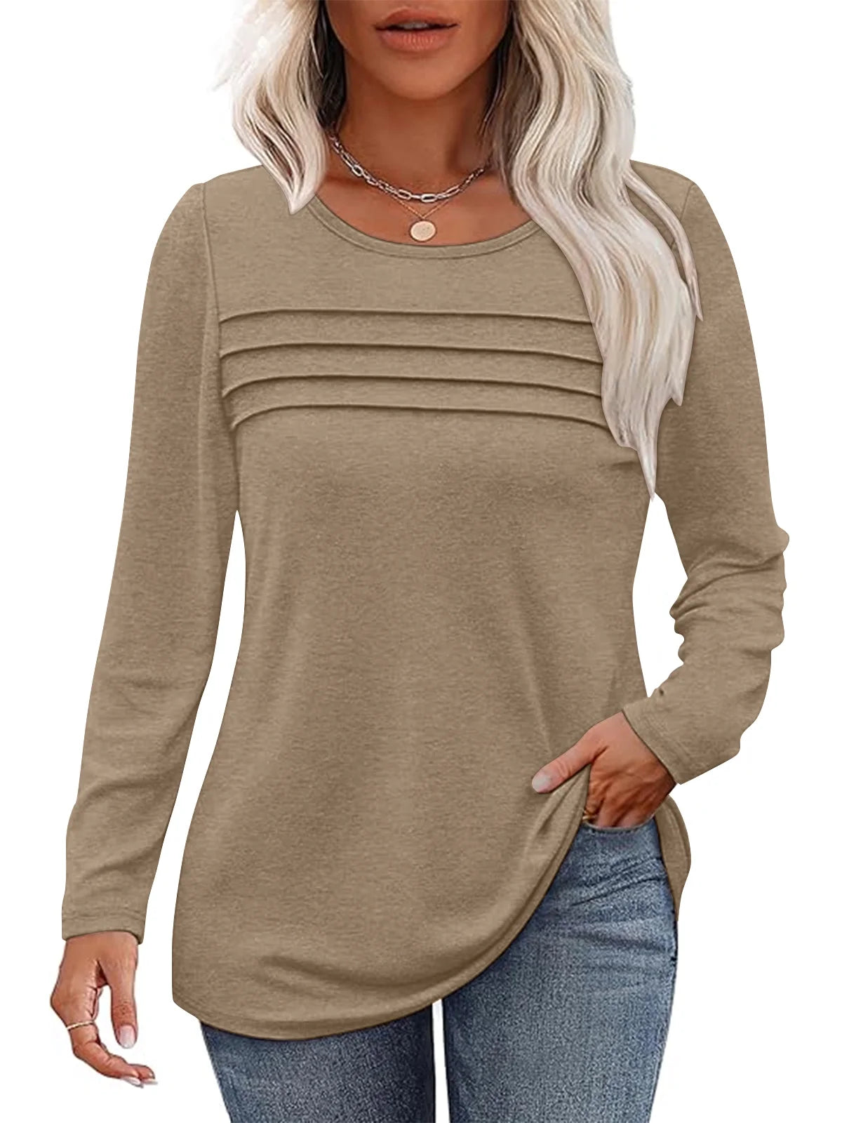 SUNBS Blouses for Women Long Sleeve Shirts Dressy Casual Crew Neck Fall Tops, Sizes S-2XL