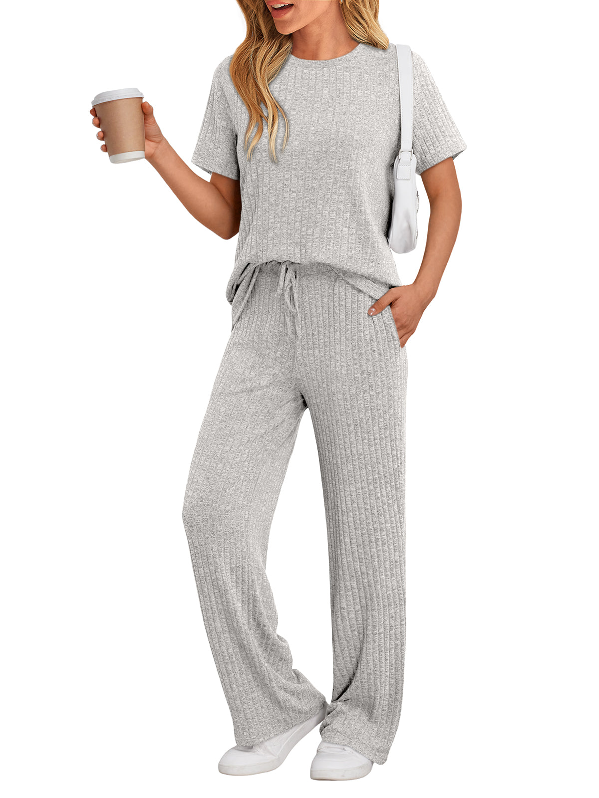 SUNBS Two Piece Lounge Sets for Women Matching Outfits Casual Ribbed Knit Pajamas Set Wide Leg Pants Trendy Clothes 2025