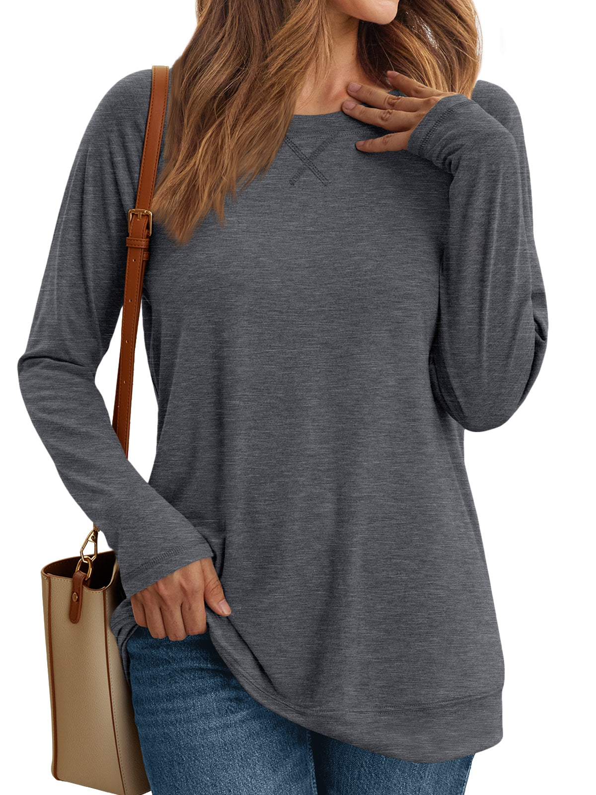 SUNBS Long Sleeve Shirts for Women Casual Work Tops Crewneck Blouses Loose Fit Clothes Trendy