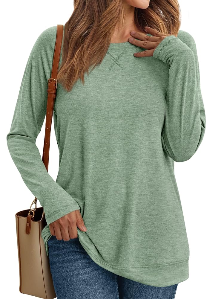 SUNBS Long Sleeve Shirts for Women Casual Work Tops Crewneck Blouses Loose Fit Clothes Trendy