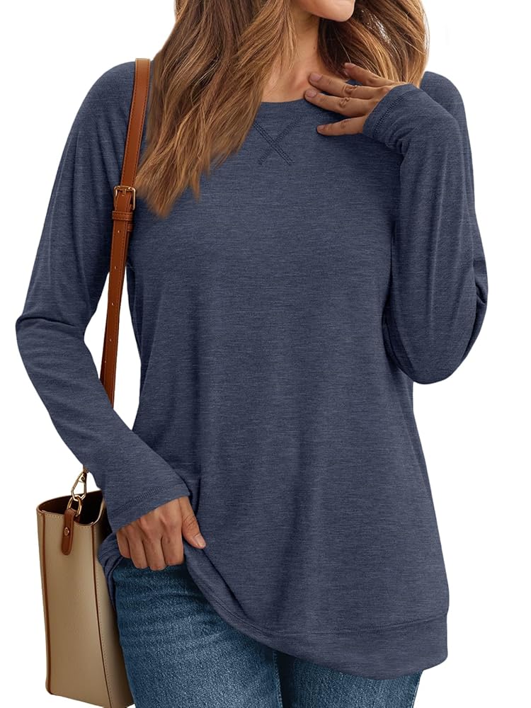 SUNBS Long Sleeve Shirts for Women Casual Work Tops Crewneck Blouses Loose Fit Clothes Trendy