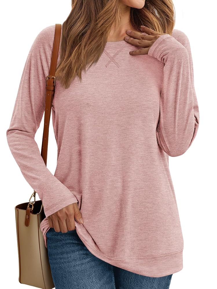 SUNBS Long Sleeve Shirts for Women Casual Work Tops Crewneck Blouses Loose Fit Clothes Trendy
