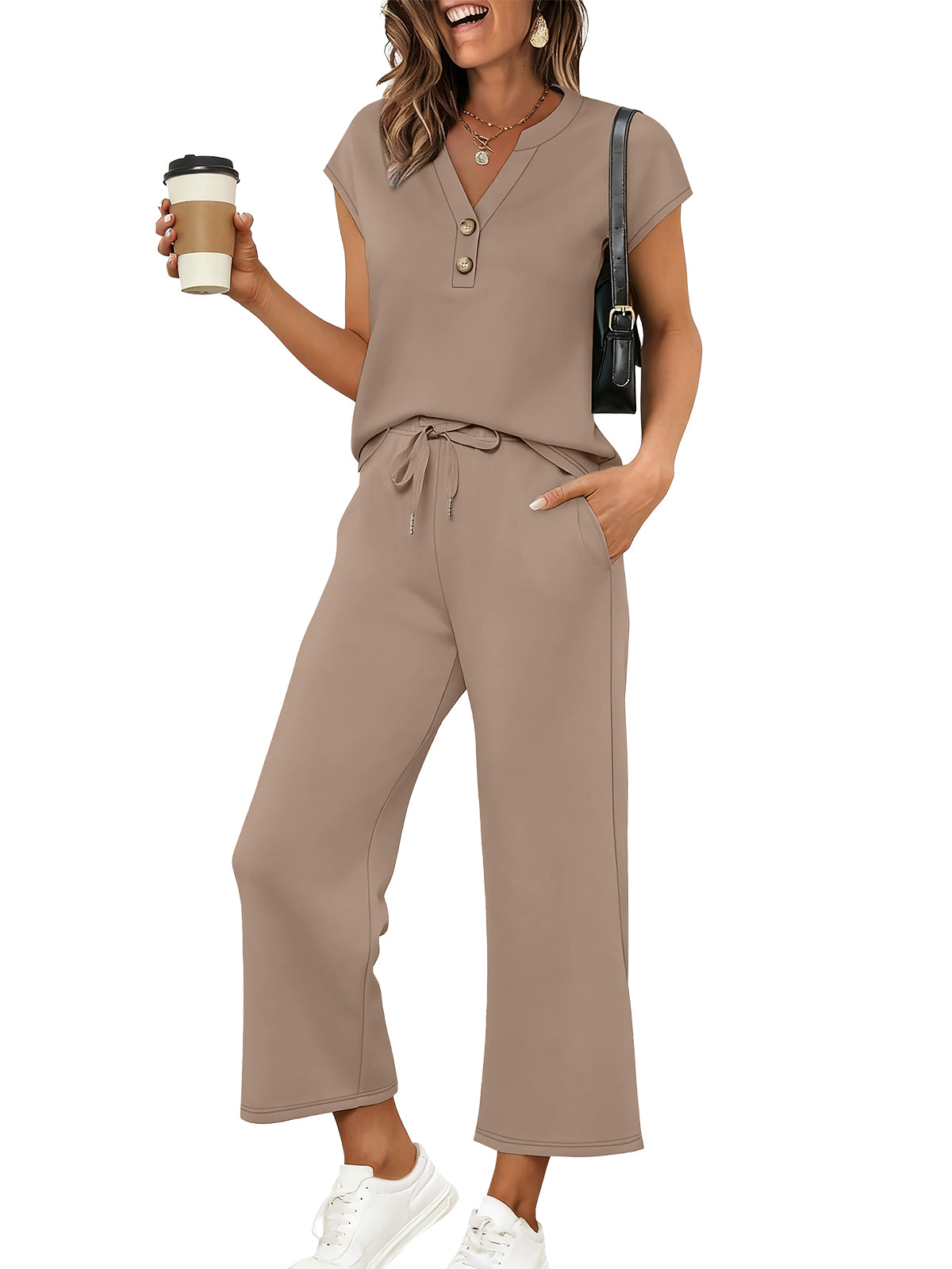 SUNBS Lounge Sets for Women 2 Piece Outfit Sets Cap Sleeve Henley Shirt and Pants Sweatsuit Womens Matching Sets