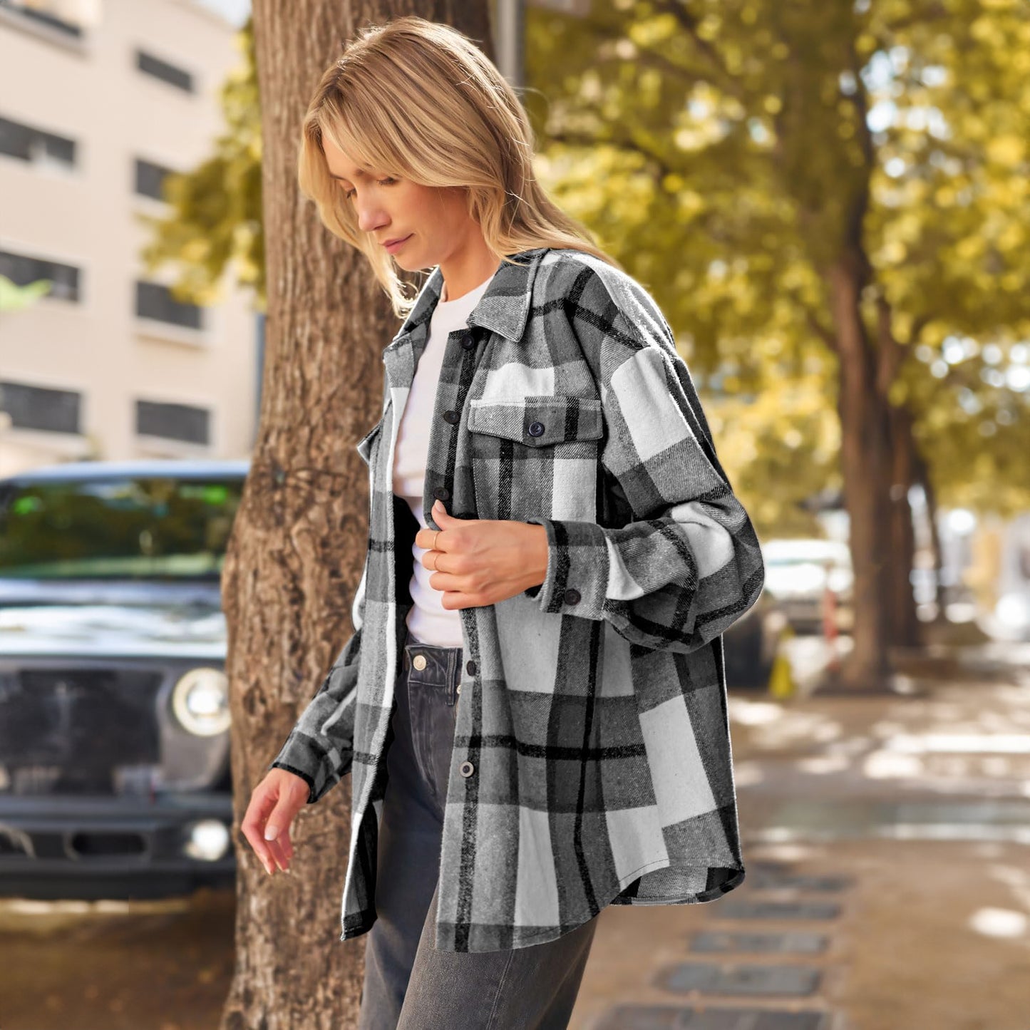 SUNBS Flannel Shirt Women Button Down Shacket Jackets Long Sleeve Plaid Shirts Blouses for Womens
