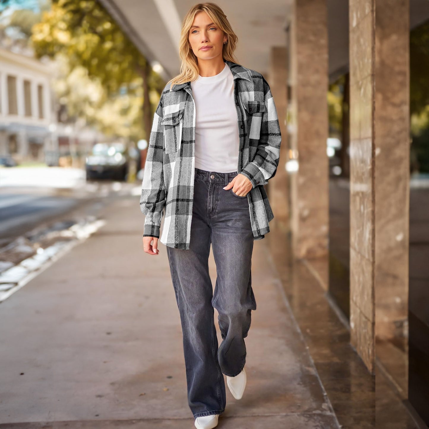 SUNBS Flannel Shirt Women Button Down Shacket Jackets Long Sleeve Plaid Shirts Blouses for Womens