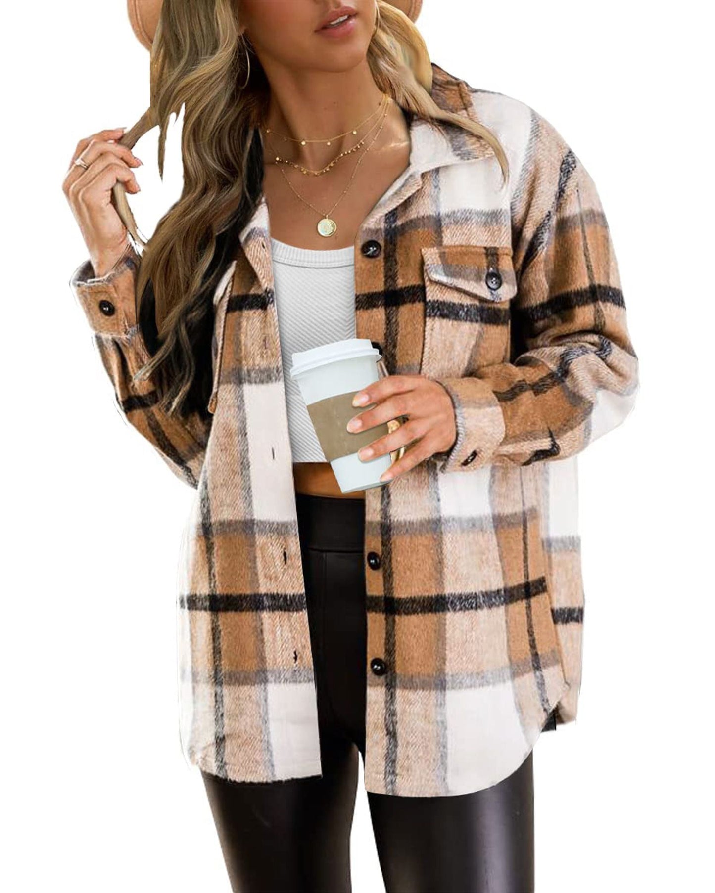 SUNBS Flannel Shirt Women Button Down Shacket Jackets Long Sleeve Plaid Shirts Blouses for Womens