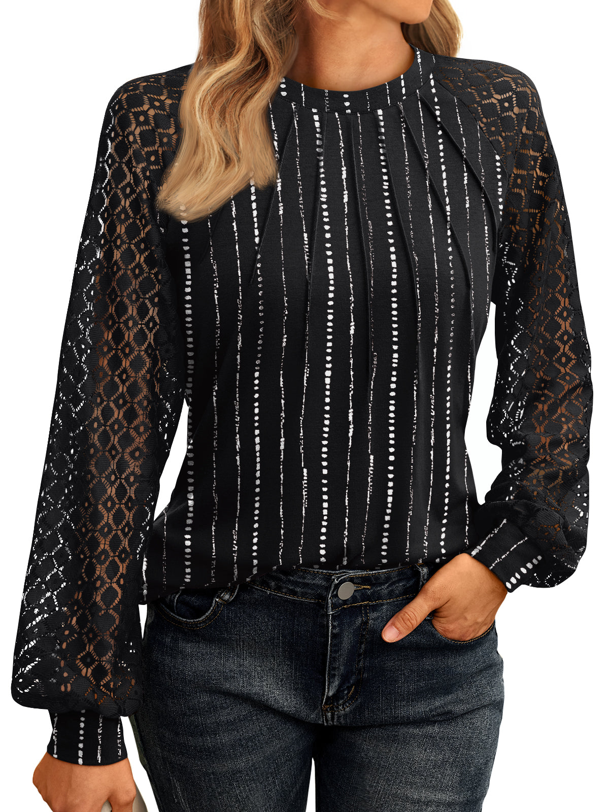 SUNBS Blouses for Women Lace Tunic Tops Crewneck Casual Fashion Long Sleeve Shirts