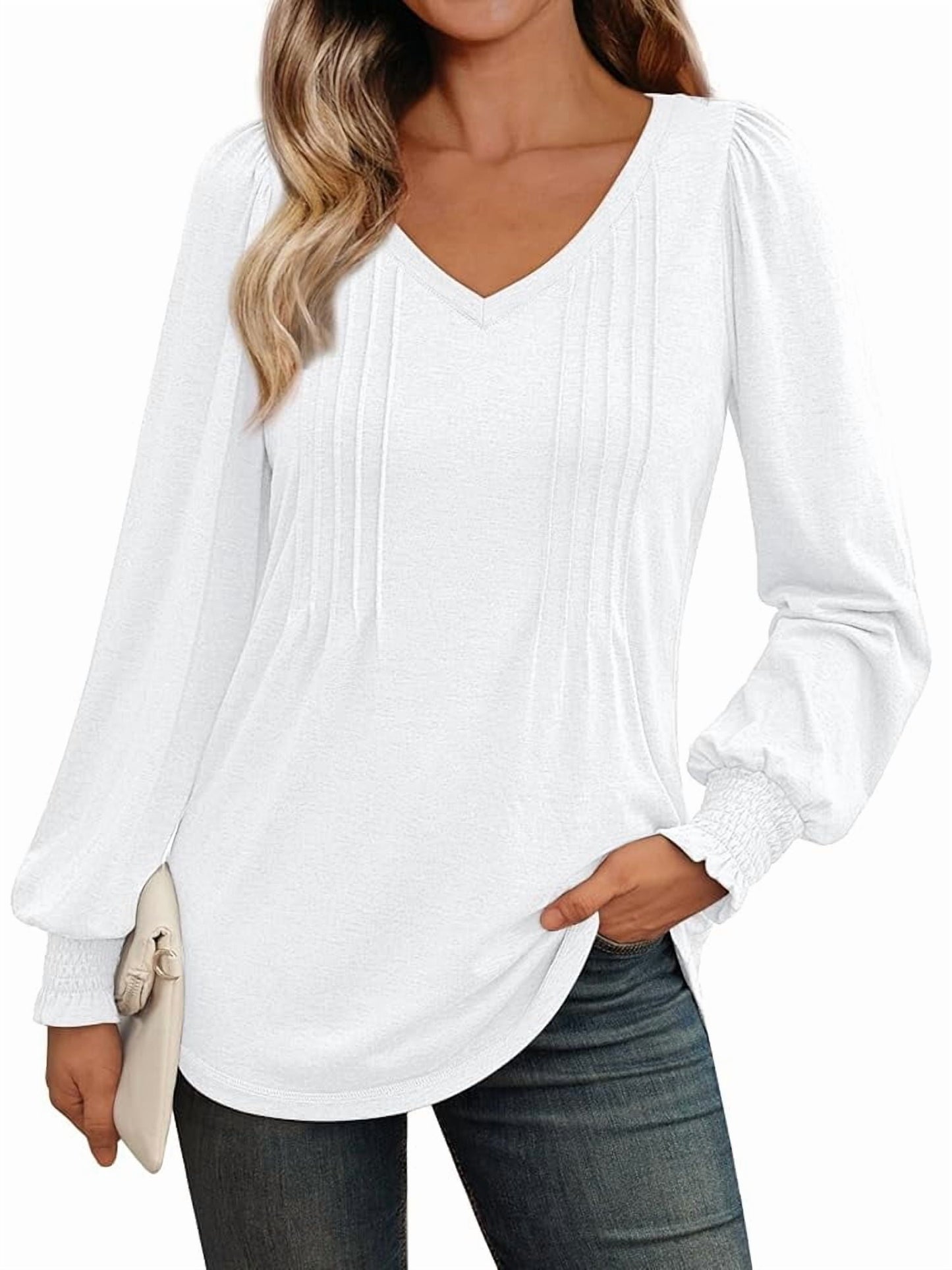 SUNBS Pleated Blouses for Women Long Sleeve Shirts Dressy Tunic Tops Crewneck Trendy Clothes