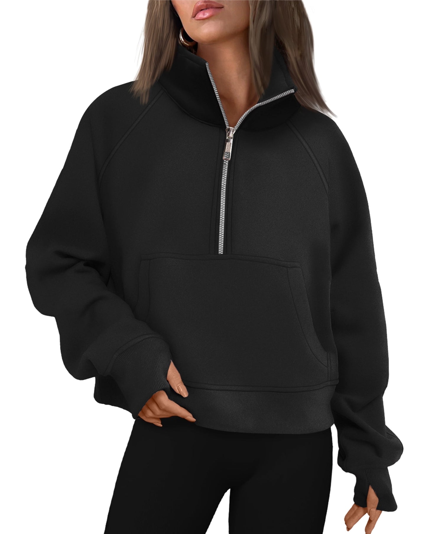 SUNBS Hoodies for Women Quarter-Zip V Neck Fleece Pullover Oversized Sweatshirt with Thumb Holes
