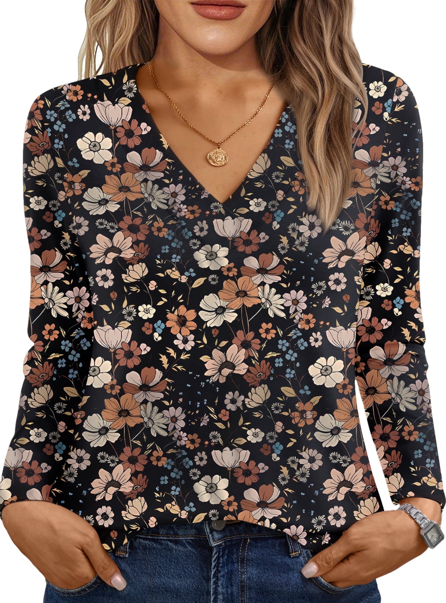 SUNBS Long Sleeve Shirts for Women Tops V Neck Casual Tops Comfortable Shirt Soft Basic Tees Women Blouses