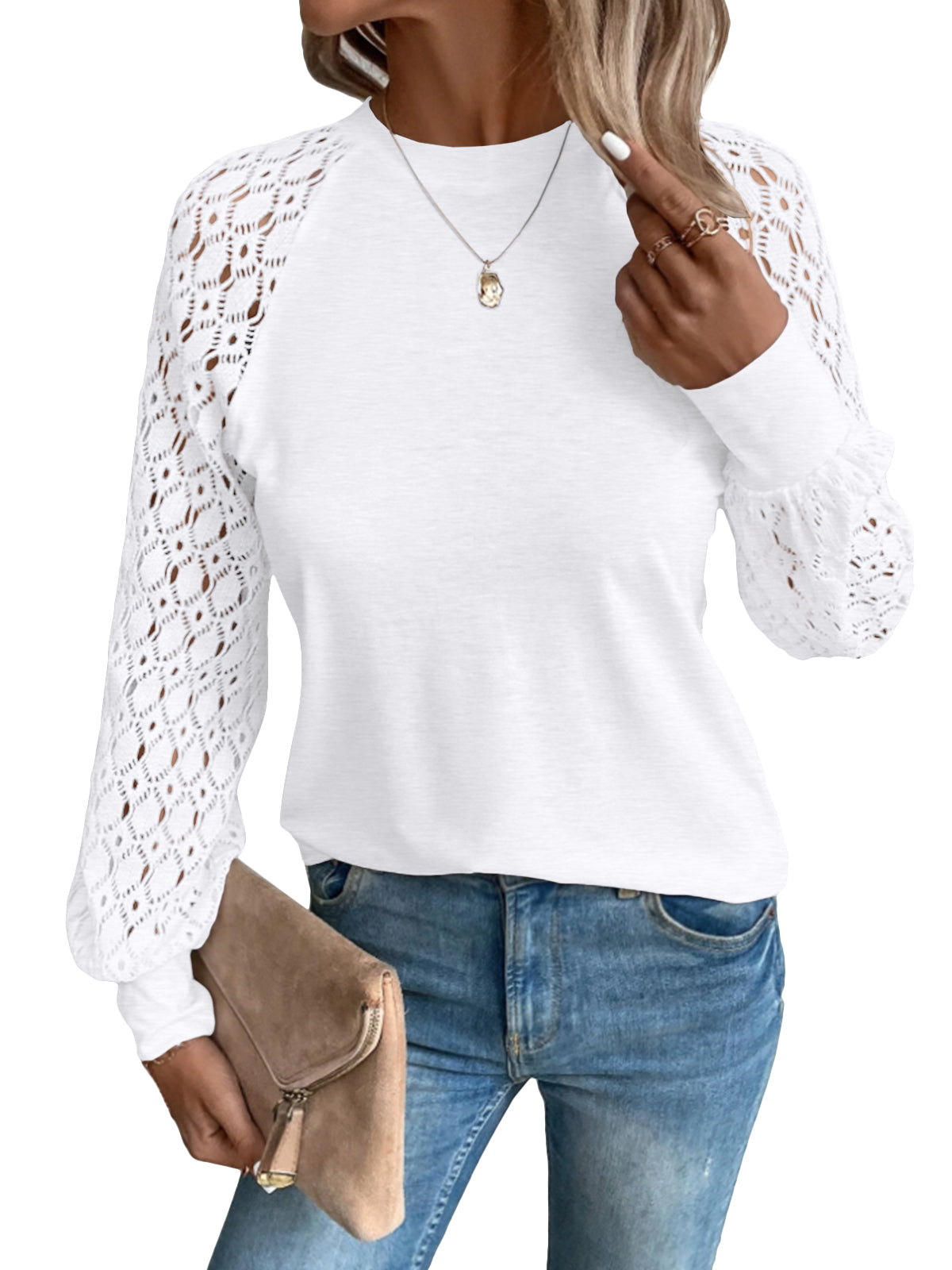 SUNBS Women Blouses Hollow-Out Lace Tops Crew Neck Long Sleeve Shirts for Women 2025 Trendy Clothes