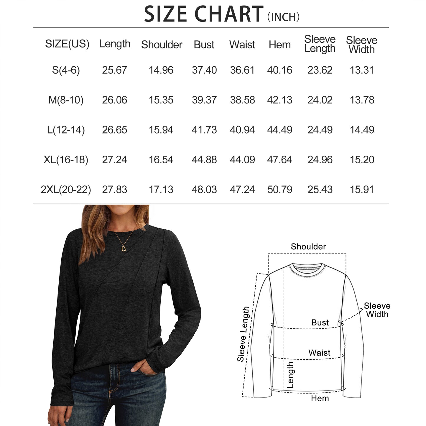 SUNBS Long Sleeve Shirts for Women Pleated Crew Neck Casual Fall Fashion Tops Loose Fit Clothes, Sizes S-2XL