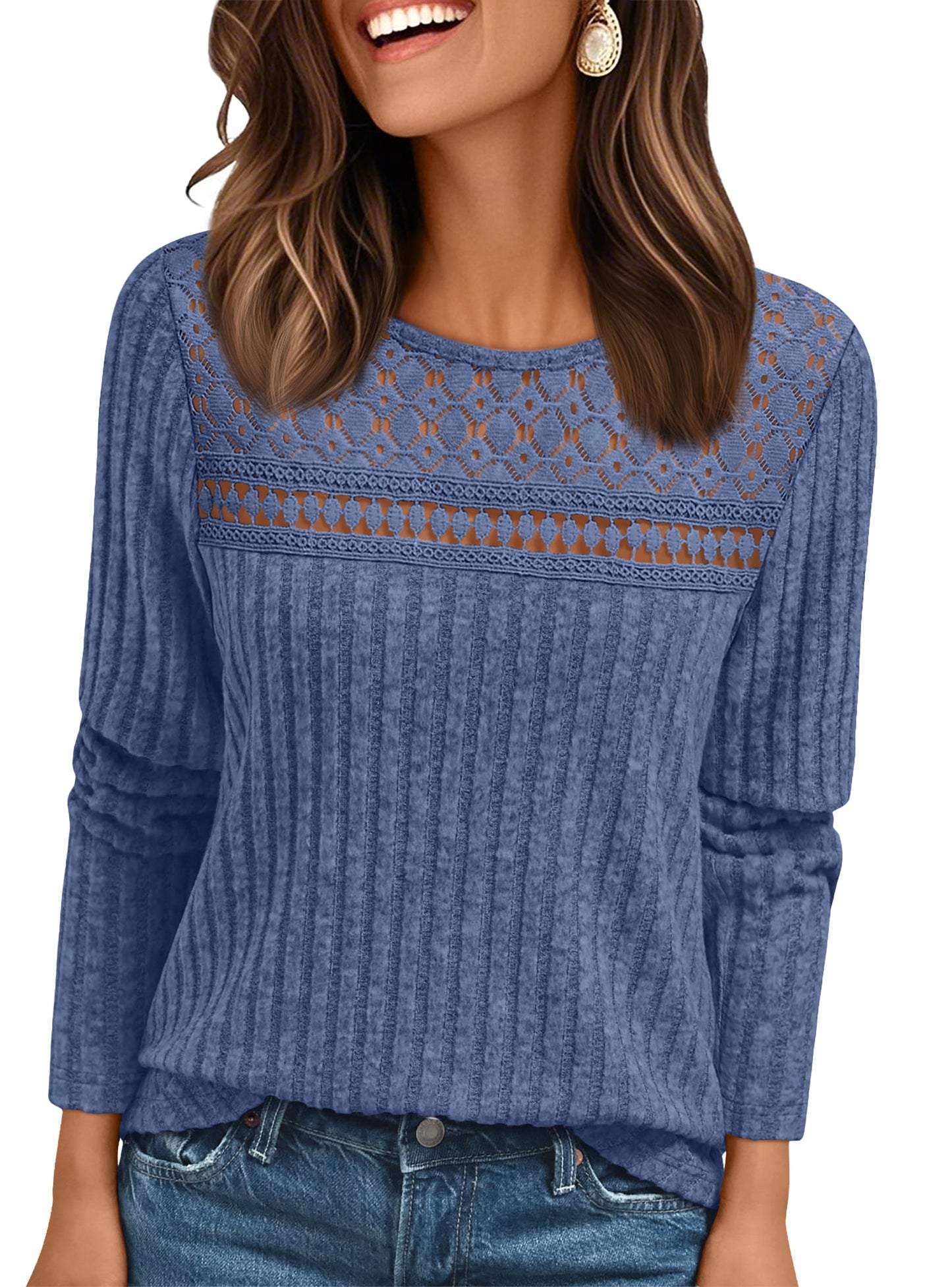 SUNBS Womens Lace Long Sleeve Shirt Fall Top Fashion Dreesy Casual Tunic Sweaters Mesh Clothes Trendy Work Cute Outfits