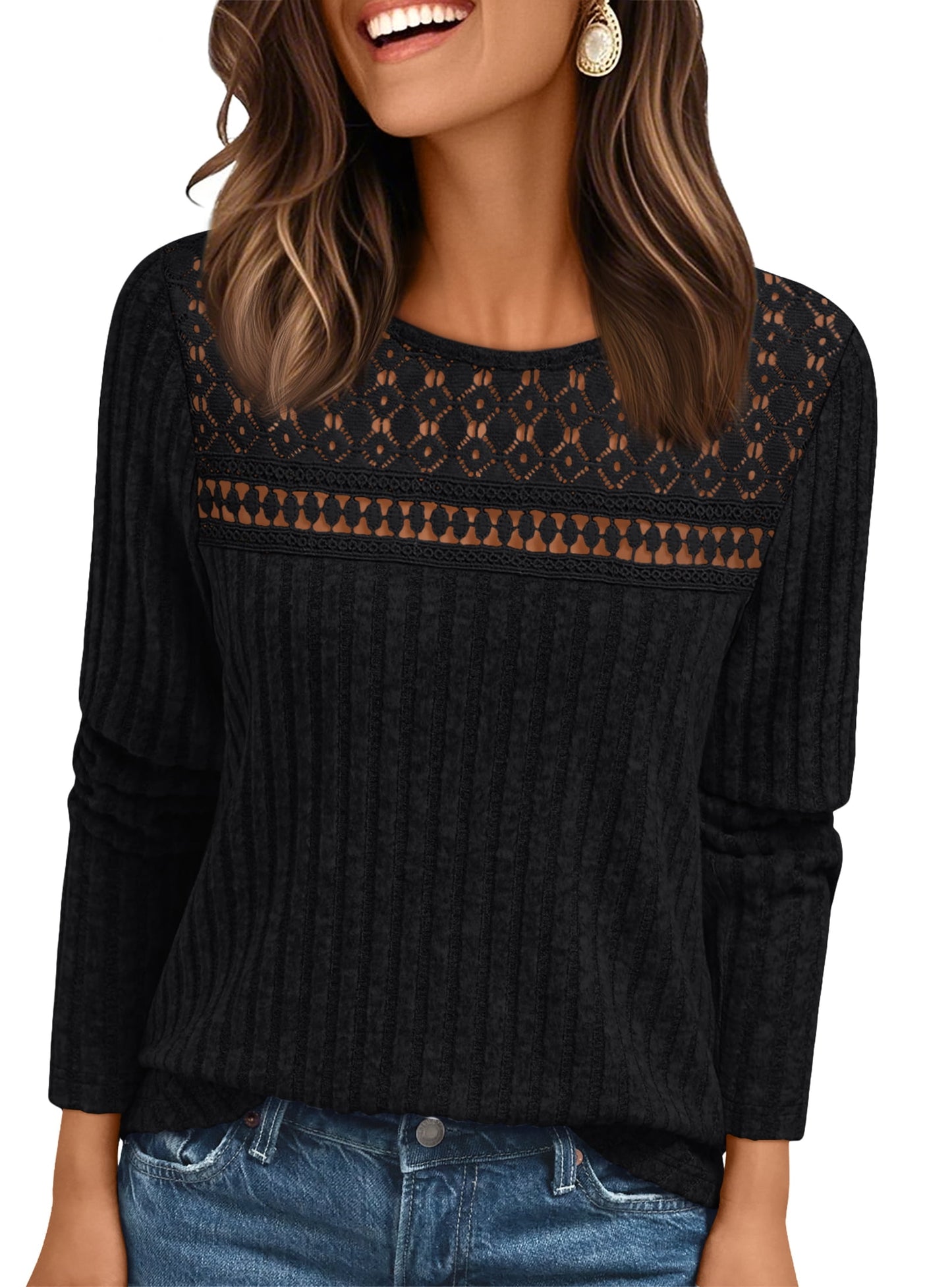 SUNBS Womens Lace Long Sleeve Shirt Fall Top Fashion Dreesy Casual Tunic Sweaters Mesh Clothes Trendy Work Cute Outfits