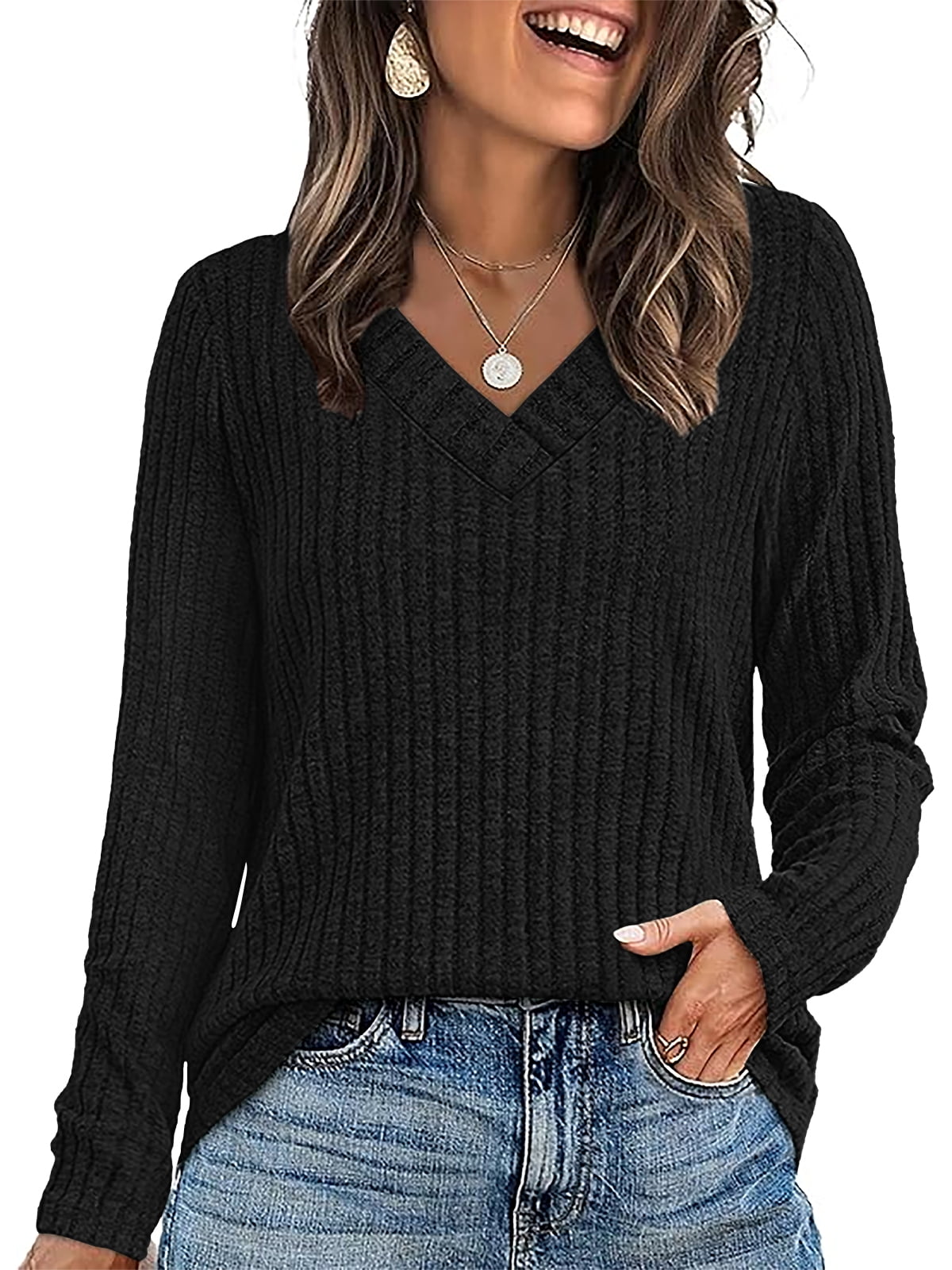 SUNBS Long Sleeve Shirts for Women V Neck Fall Sweater Fashion Outfits Tunic Tops