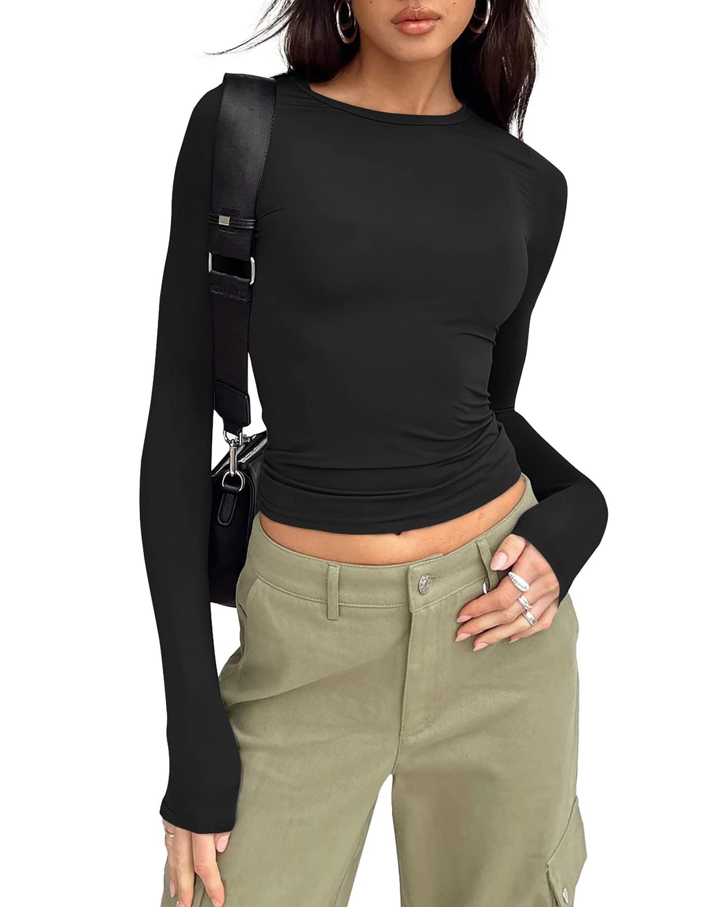 SUNBS Fitted Long Sleeve Shirts for Women Basic Crop Tops Fall Fashion Layering Slim Y2k Trendy Blouse