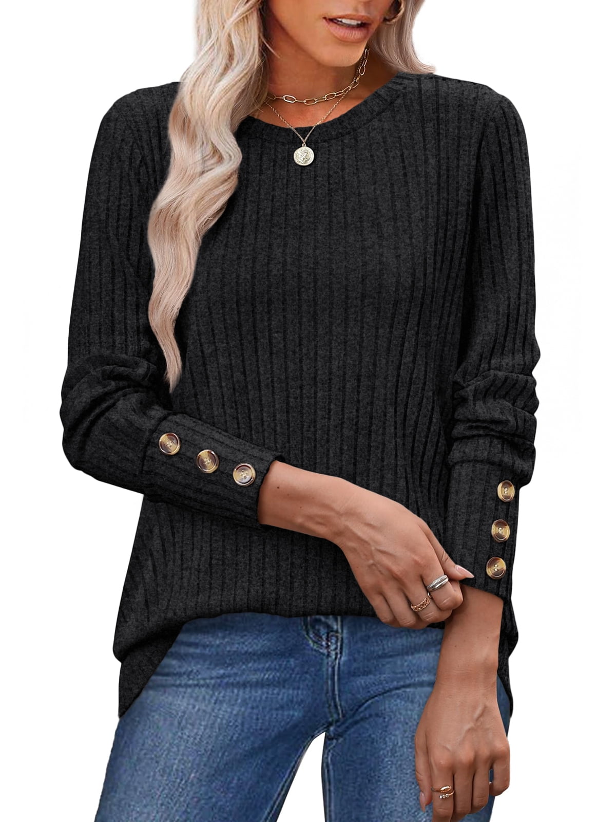 SUNBS Sweaters for Womens Long Sleeve Shirts Button Cuffs Tunic Blouse Fashion Outfits