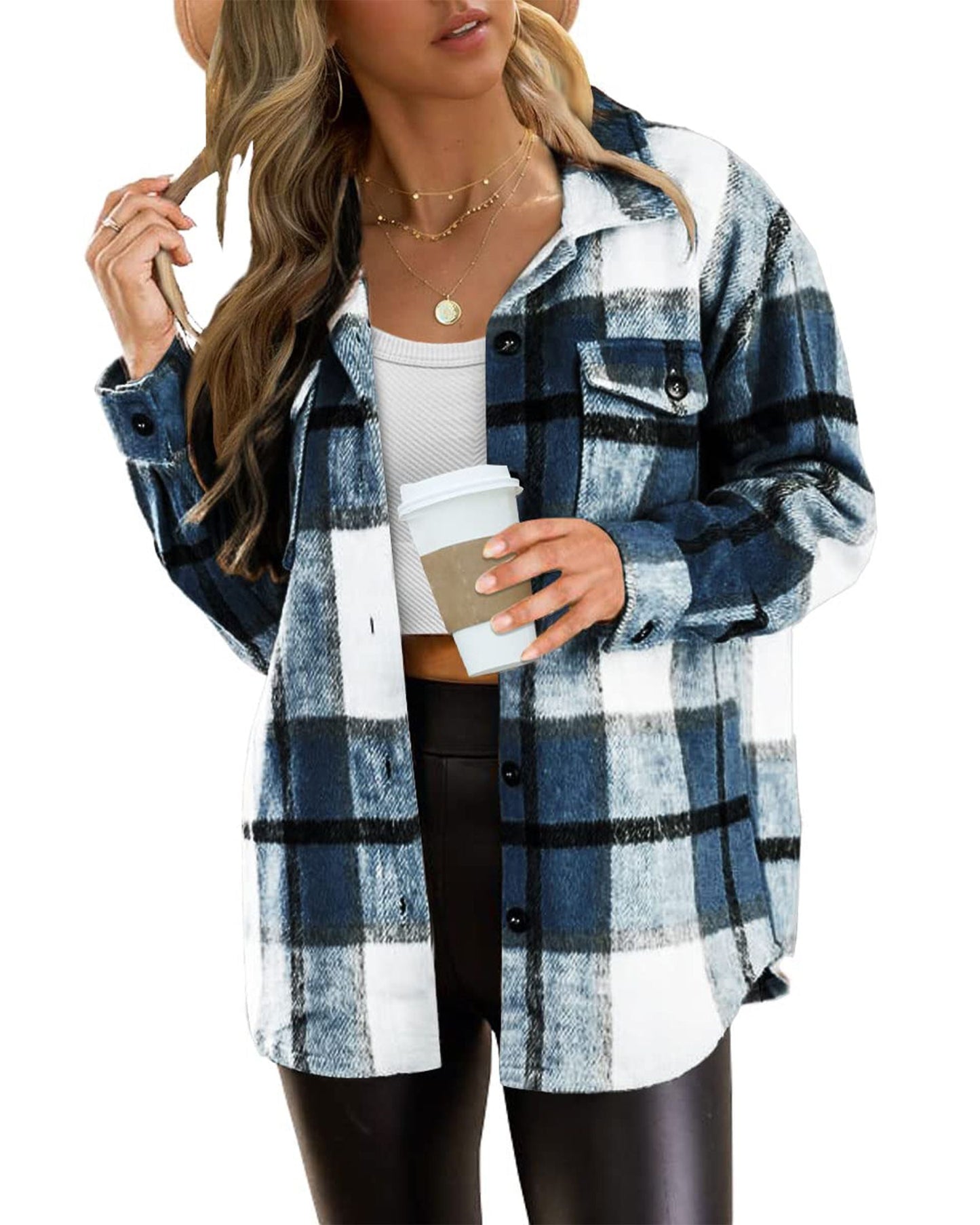 SUNBS Flannel Shirt Women Button Down Shacket Jackets Long Sleeve Plaid Shirts Blouses for Womens