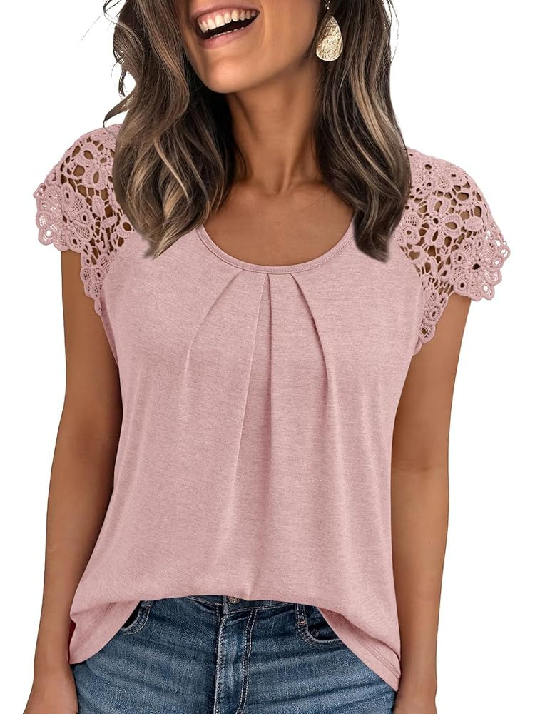 SUNBS Womens Lace Tops Pleated Short Sleeve Shirts Summer Business Casual Dressy Blouses