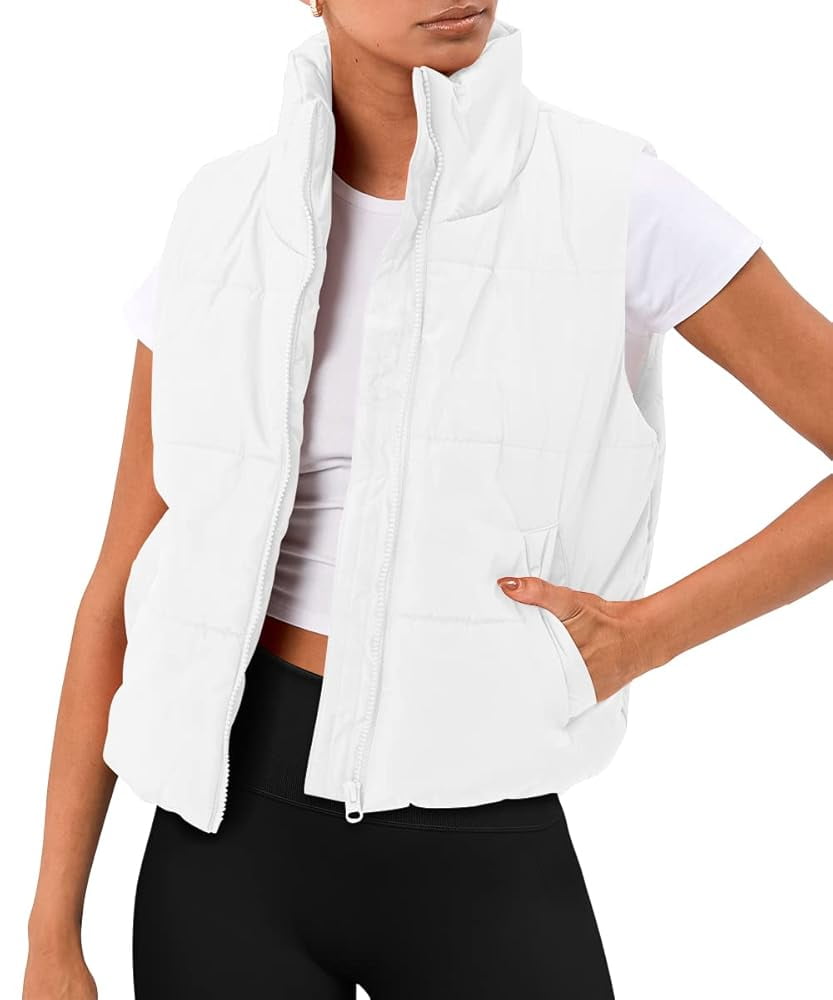 SUNBS Puffer Vest Women Sleeveless Winter Cropped Outerwear Warm Puffer Lightweight Stand-up Collar Down with Pockets