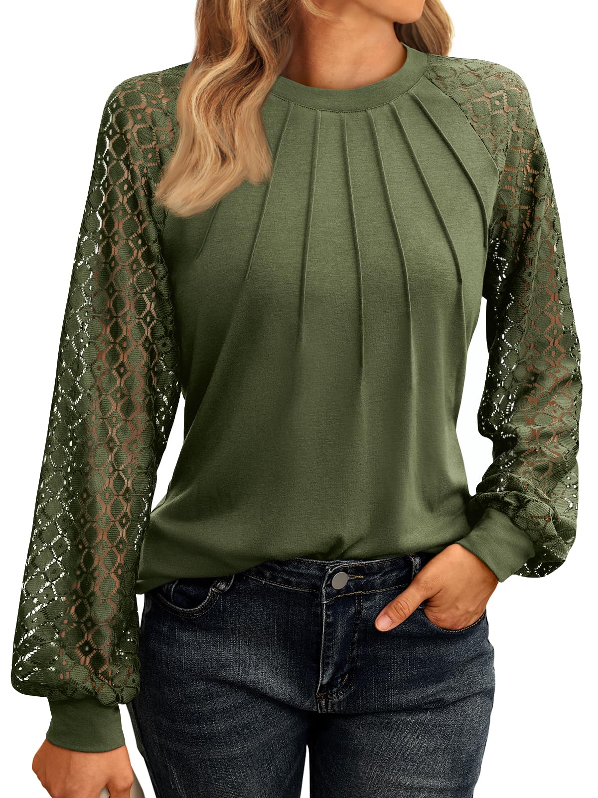 SUNBS Blouses for Women Lace Tunic Tops Crewneck Casual Fashion Long Sleeve Shirts