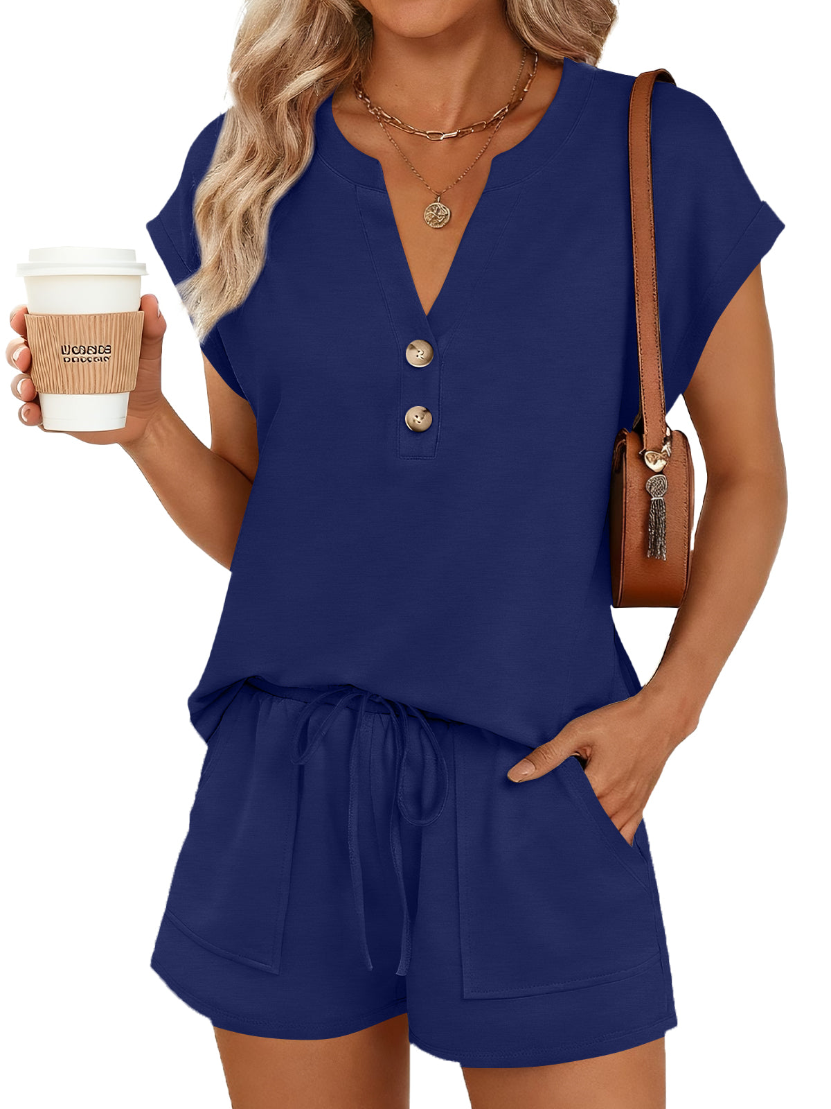 SUNBS 2 Piece Outfit for Women Lounge Sets Cap Sleeve Henley Shirts and Shorts Sweatsuit Womens Matching Sets