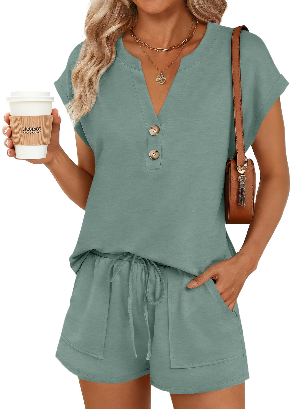 SUNBS 2 Piece Outfit for Women Lounge Sets Cap Sleeve Henley Shirts and Shorts Sweatsuit Womens Matching Sets